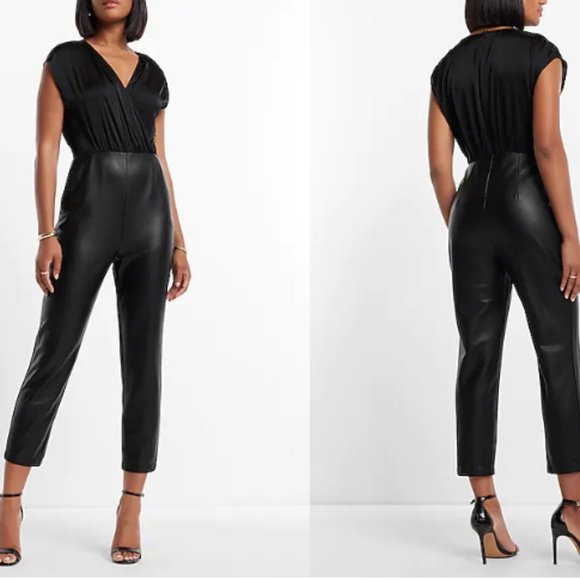 New w/ Tags BLACK Faux Leather Cap Sleeve Jumpsuit~ Large. - Picture 1 of 5